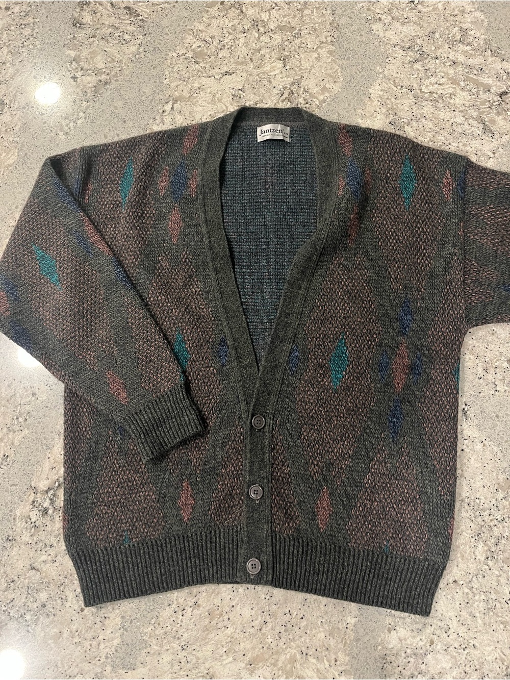 Vintage 90s Mohair Jantzen Dark Grey Cardigan with Teal & Rust Diamond Accents